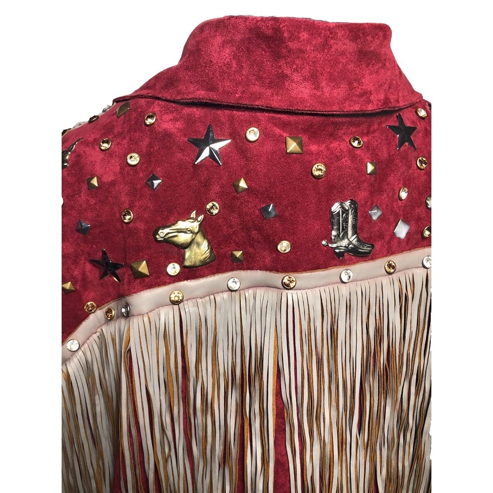 Josefina by Vero Solis Burgundy Fringe Stud Jacket Western Boho M B-58″ DAMAGED - Picture 8 of 16